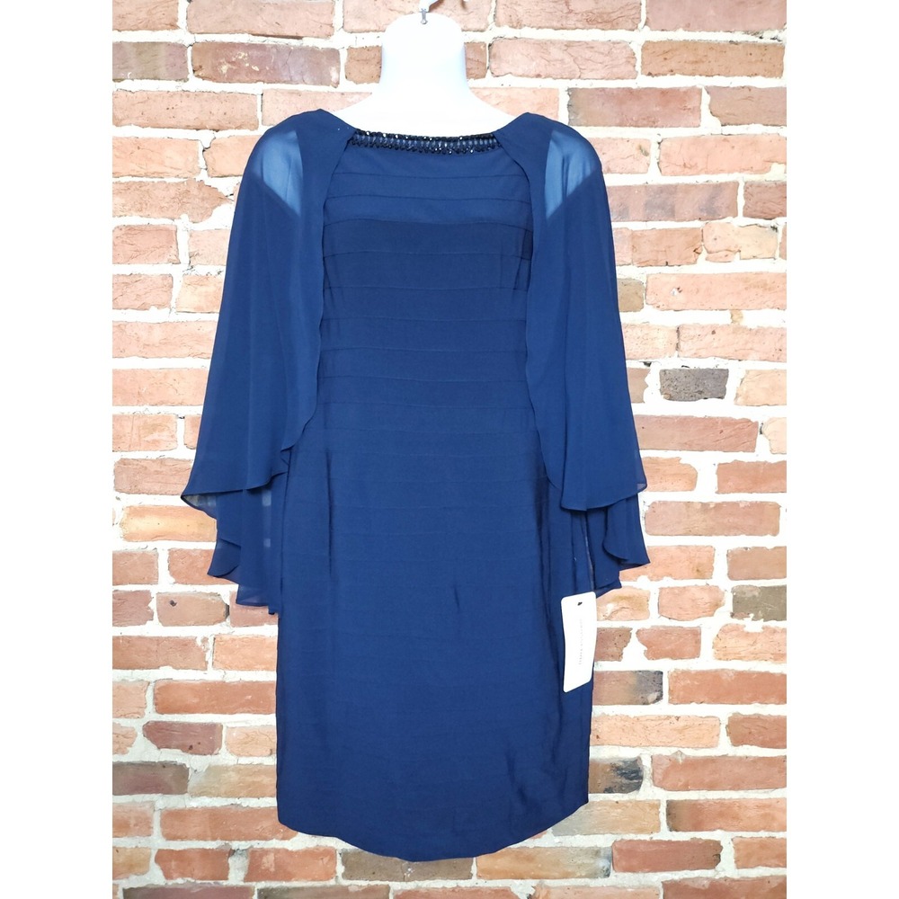 Adrianna Papell Bodycon Dress Womens 16 Navy Chiffon Capelet Beaded Round Neck
